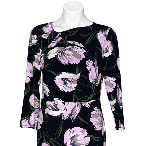Ann Taylor Factory Floral Print Black & Lilac Dress 3/4 Sleeves Size 10 - Picture 2 of 9